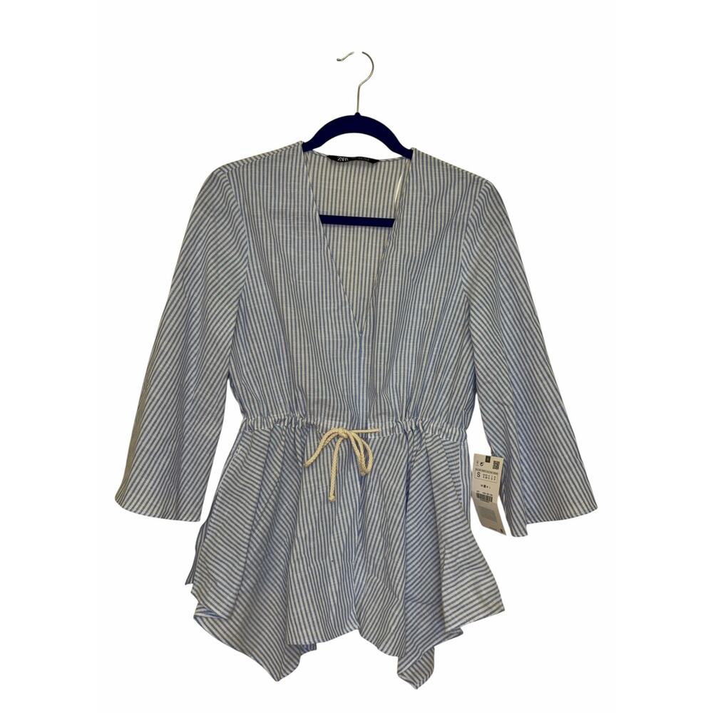Zara Blue & White Striped Peplum Top Size S – Tie Waist V-Neck Blouse (NWT)